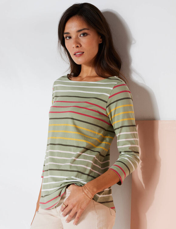 T-shirt marinière rayé manches 3/4 (kaki / multicolore)