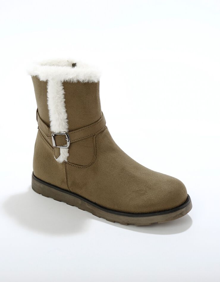 Bottines fourrées zippées à col fausse fourrure et boucle (kaki) Bottines fourrées zippées à col fausse fourrure et boucle (kaki)