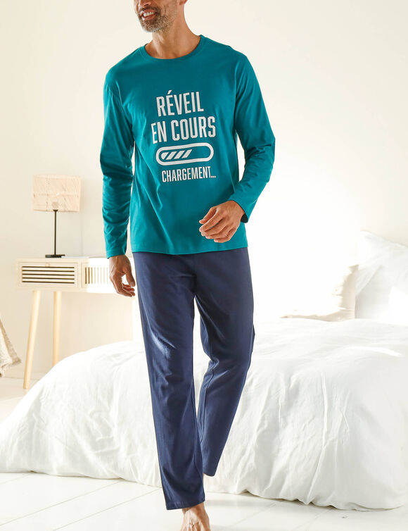 Pyjama col rond &agrave; message (bleu canard / marine)
