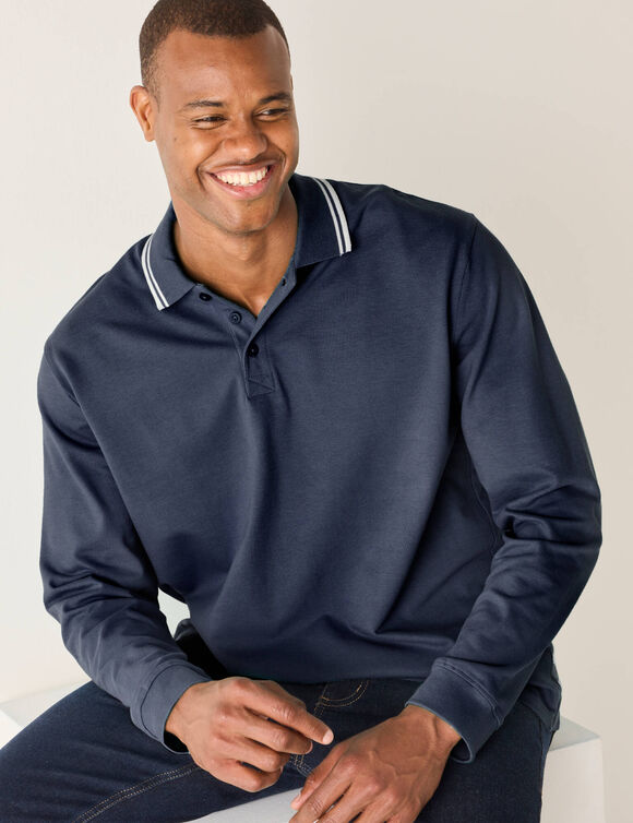 Polo uni maille piqu&eacute;e manches longues (marine)