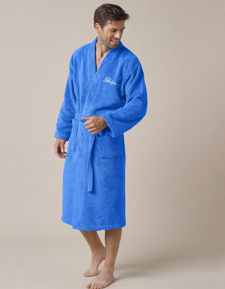 Peignoir mixte adulte uni coton éponge bouclette col kimono personnalisé (bleu dur)