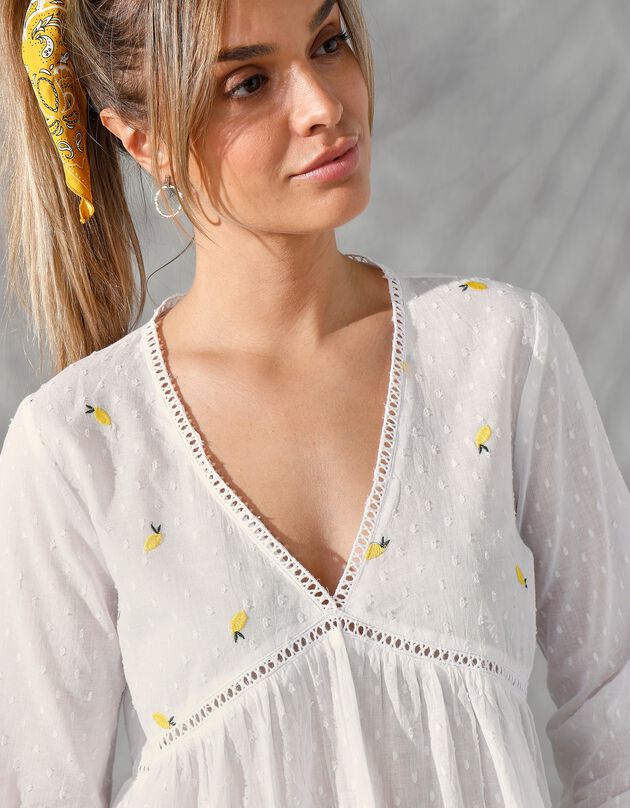 Blouse effet plumetis brodée citrons (blanc / jaune)