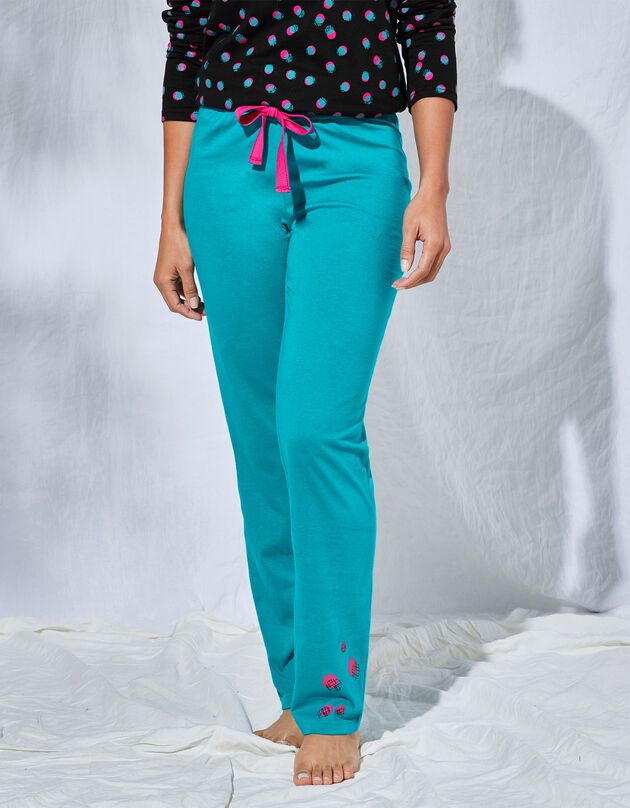 Pantalon pyjama coton Enjoy uni imprimé placé (émeraude)
