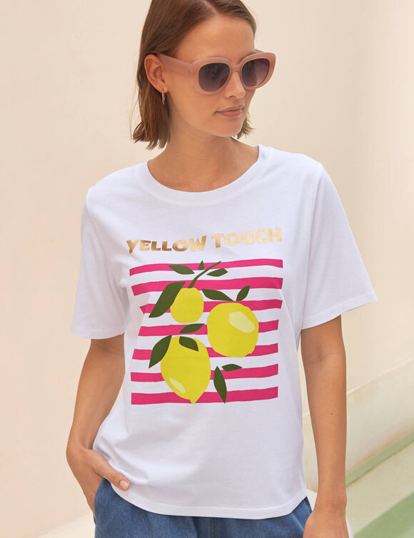 T-shirt imprim&eacute;, volume loose (blanc / rose)