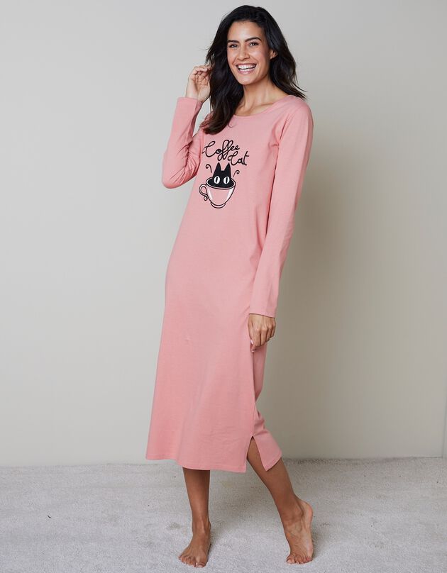 Chemise de nuit manches longues coton imprimé "chats" (rose)