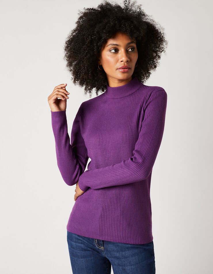 Pull col montant court, maille côtelée (violet) Pull col montant court, maille côtelée (violet)