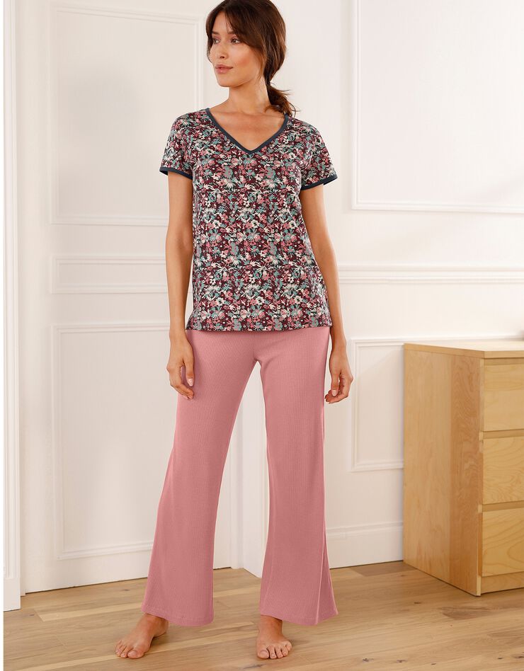 Tee-shirt pyjama fluide manches courtes imprimé fleuri (bordeaux)