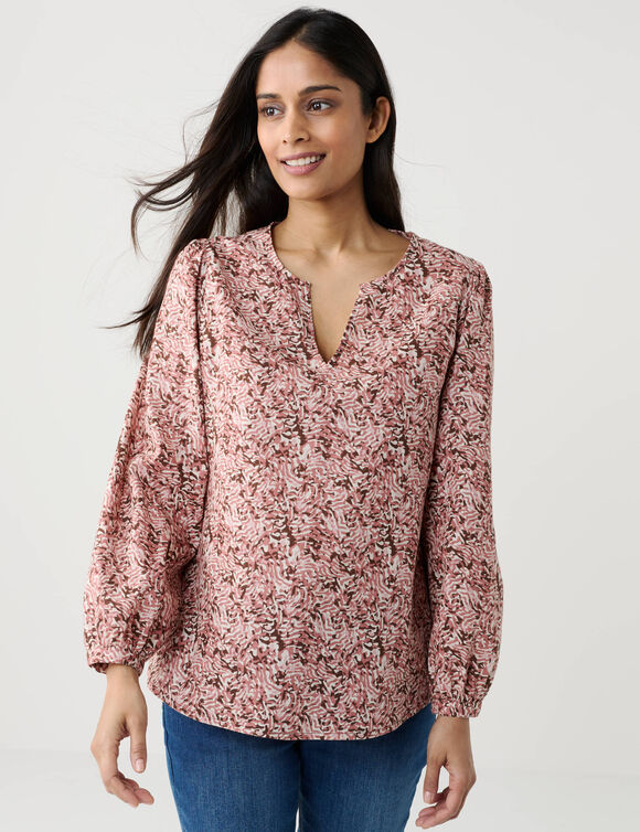 Blouse imprim&eacute;e en coton ,col fendu (bois de rose / &eacute;cru)