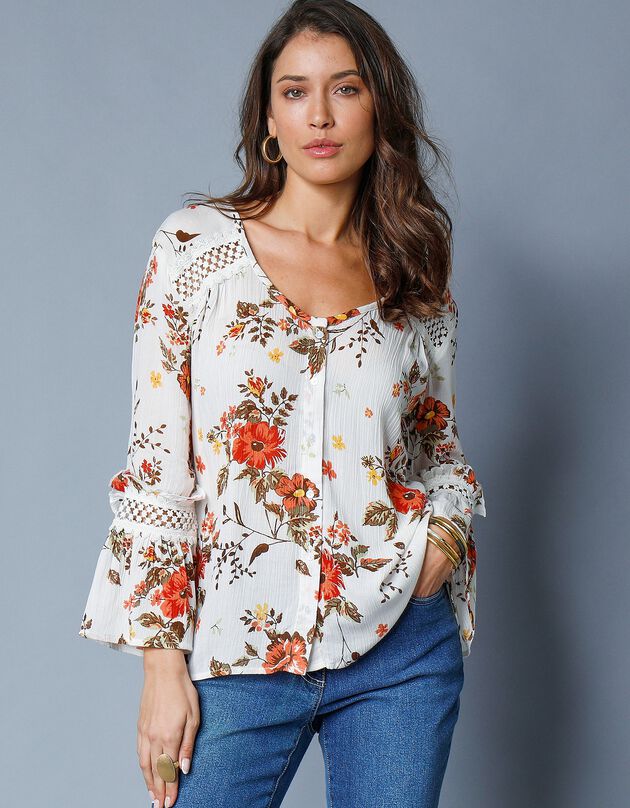 Blouse imprimée détails macramé (écru / orange)