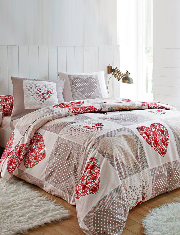 Linge de lit Lovely en coton imprimé coeurs (taupe / rouge)