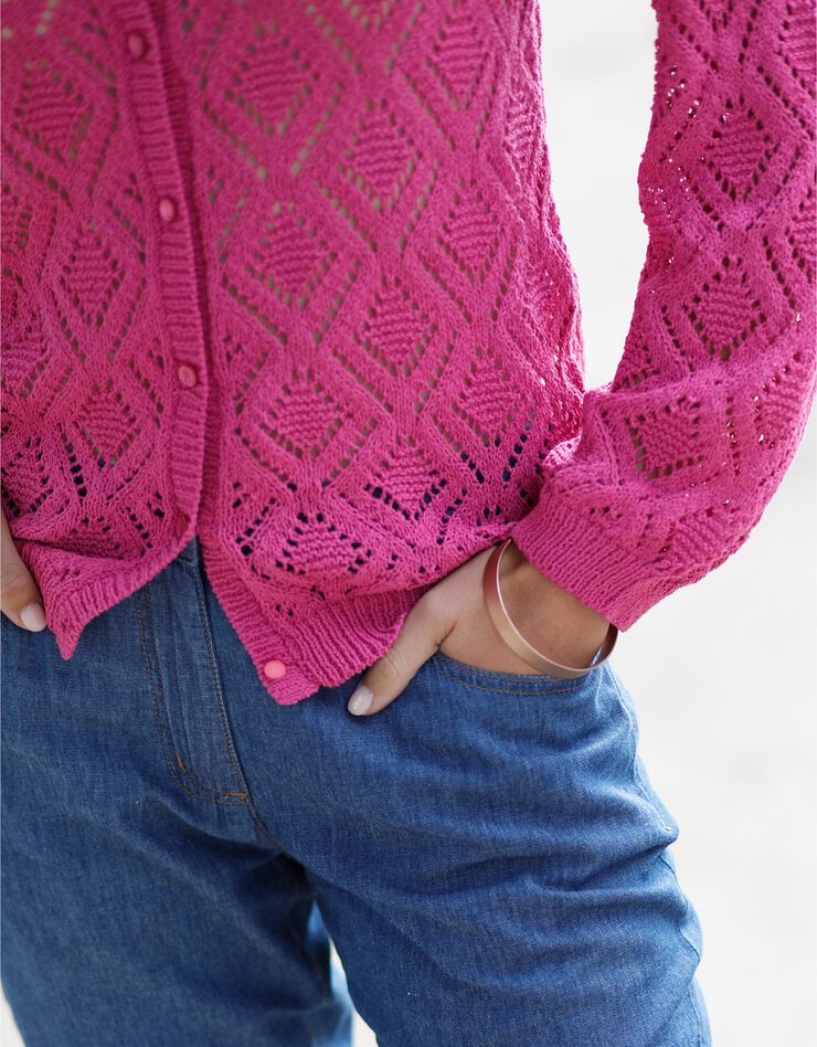 Cardigan boutonné maille fantaisie ajourée (fuchsia) Cardigan boutonné maille fantaisie ajourée (fuchsia)