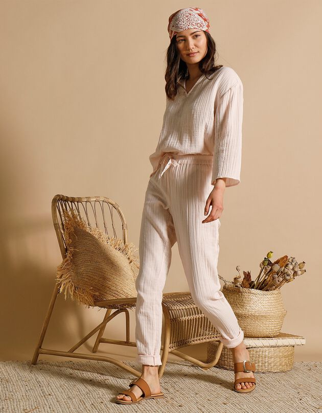 Pantalon joggpant gaze de coton finition borderie (rose pâle) Pantalon joggpant gaze de coton finition borderie (rose pâle)