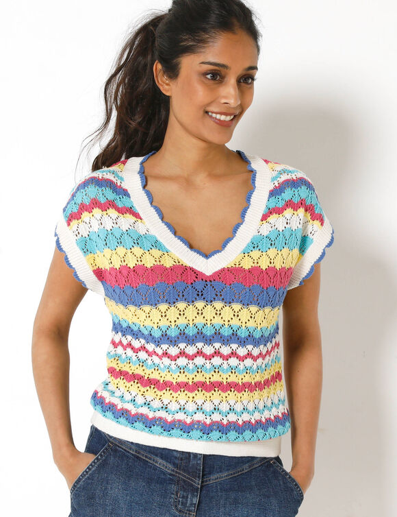 Pull ray&eacute; en crochet festonn&eacute; col V, manches courtes (bleu / jaune)