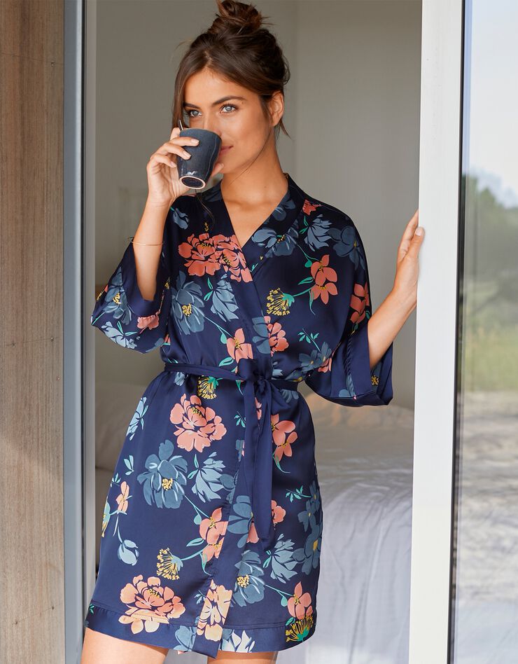 Kimono court satin imprimé floral (marine / corail)