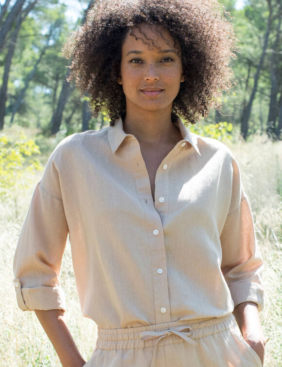 Chemise en coton-lin, manches longues retroussables  (sable)
