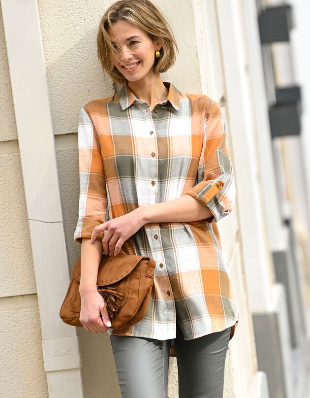 Chemise longue grands carreaux flanelle (kaki)