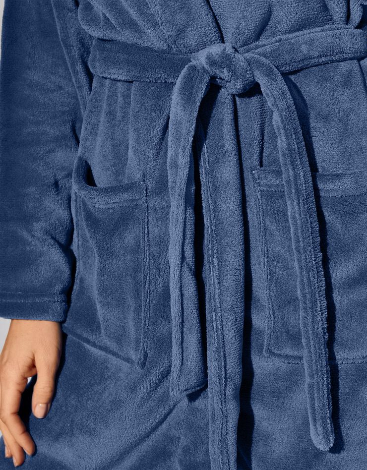 Peignoir manches longues polaire uni toucher peluche longueur 92 cm  (bleu)