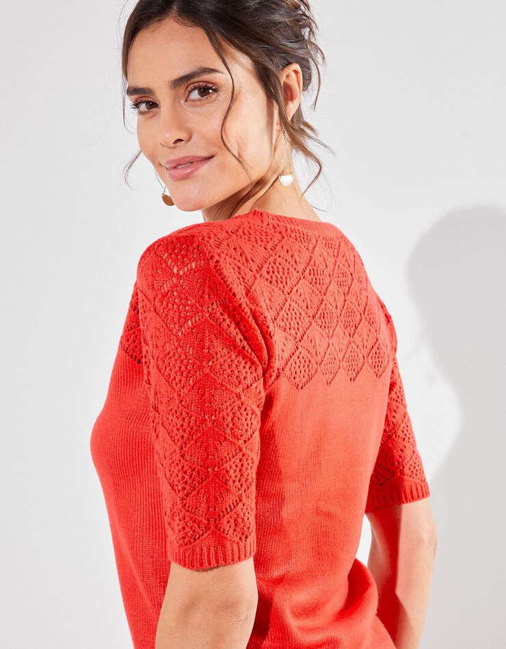 Pull manches courtes, maille ajourée toucher cachemire (rouge) Pull manches courtes, maille ajourée toucher cachemire (rouge)