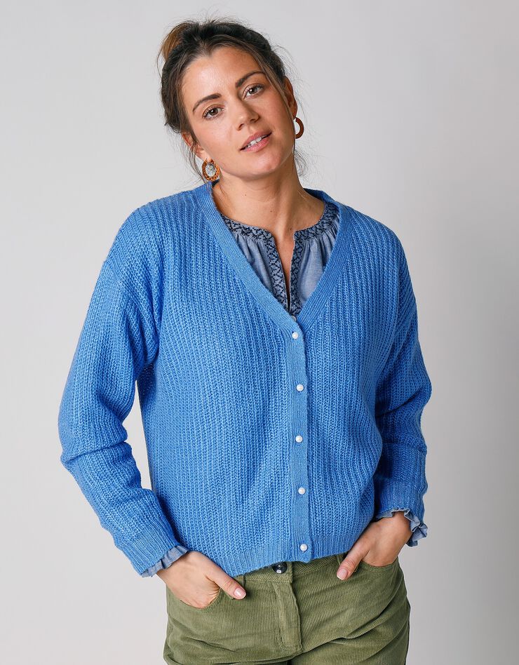 Gilet col V boutonné, maille anglaise toucher mohair (bleu lavande)