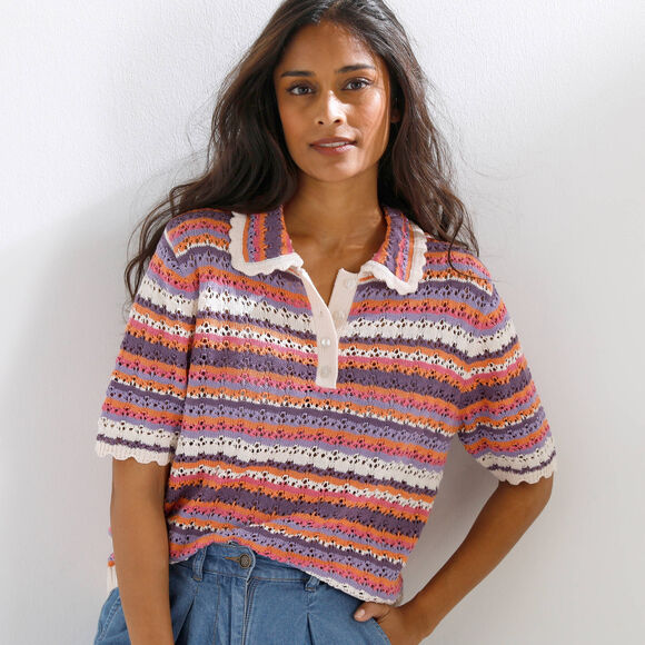 Pull ray&eacute; col polo, manches courtes (&eacute;cru / rose)