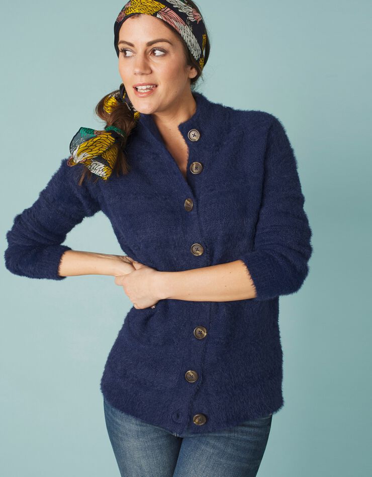 Cardigan boutonné maille poilue fantaisie (marine) Cardigan boutonné maille poilue fantaisie (marine)