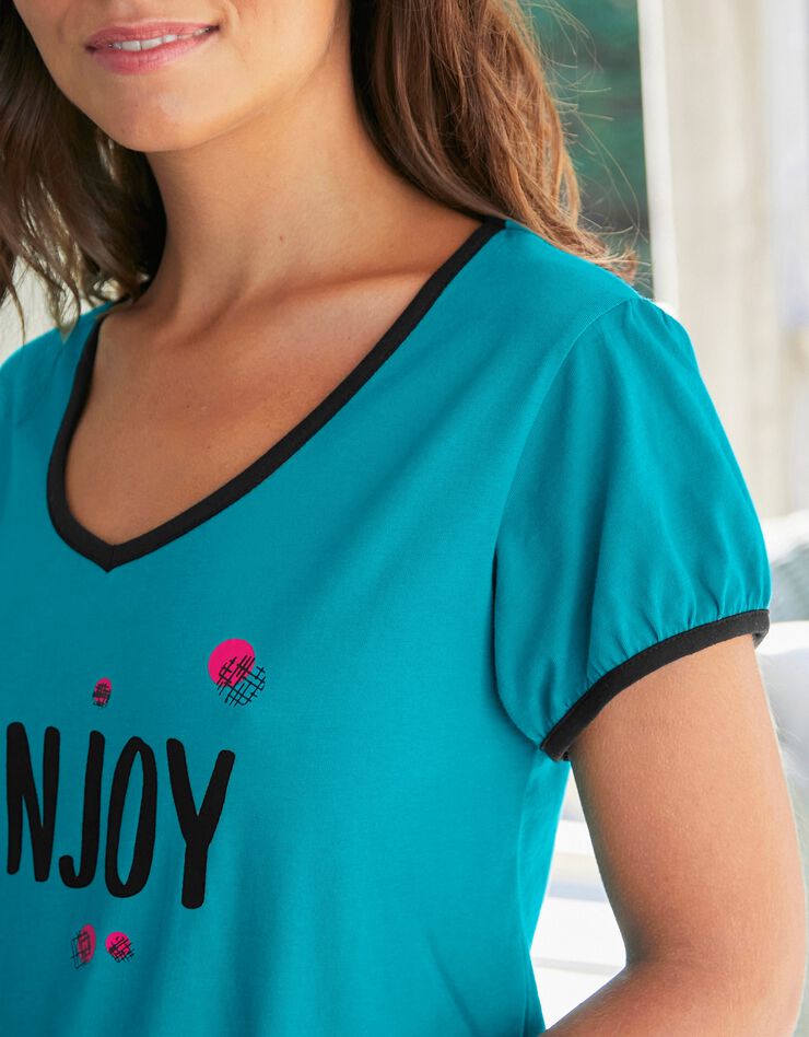 Tee-shirt manches courtes coton uni imprimé placé "Enjoy"  (émeraude)