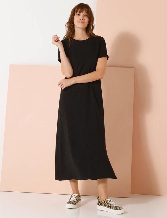 Robe longueur midi droite, maille fluide unie (noir)