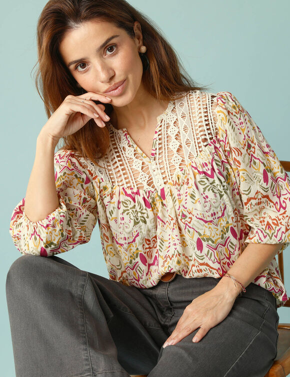 Blouse Sp&eacute;cial Petites avec macram&eacute; et manches 3/4 (kaki / violine)