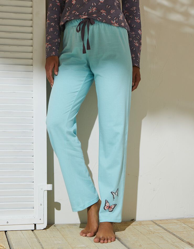 Pantalon pyjama imprimé placé papillons - coton (turquoise grisé)