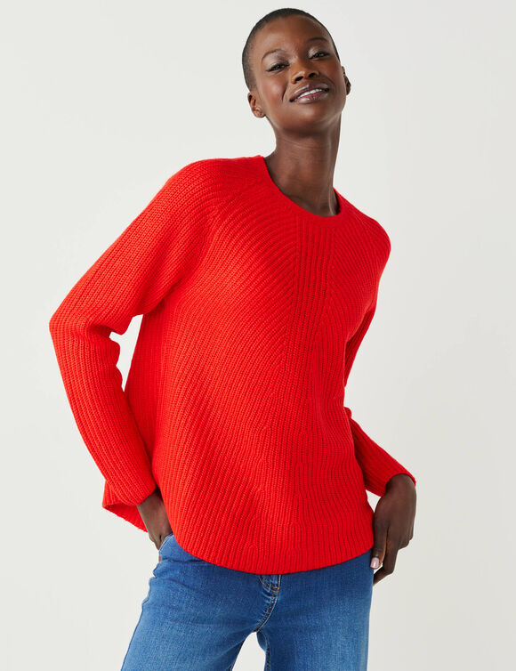 Pull &eacute;vas&eacute; col rond &agrave; c&ocirc;tes en biais, maille anglaise (rouge)
