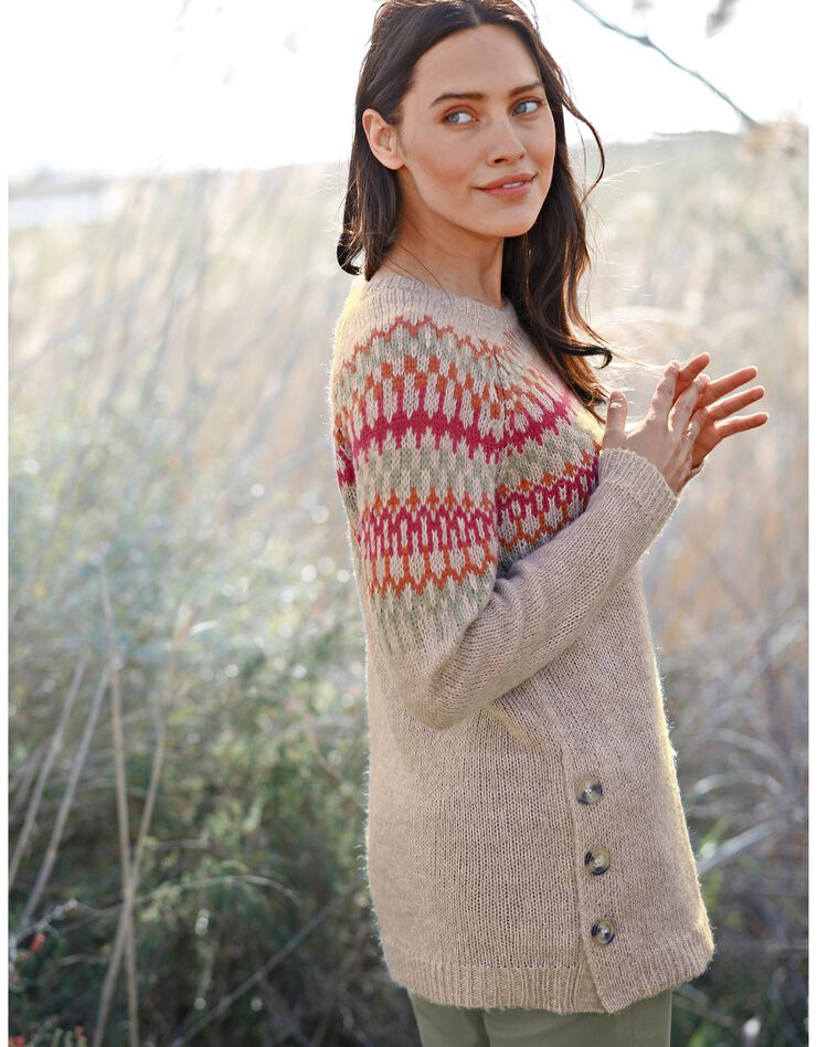 Pull jacquard fente boutonné toucher mohair (beige chiné) Pull jacquard fente boutonné toucher mohair (beige chiné)