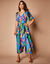 Robe longue imprimée, ceinture smockée dos (bleu / vert)