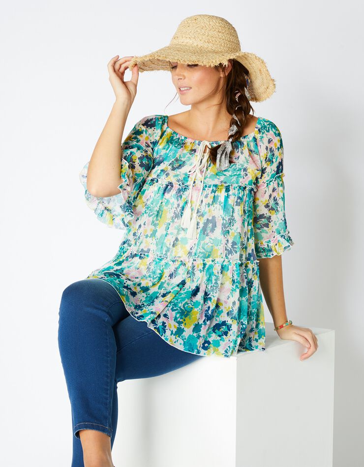 Blouse volantée imprimée, voile (écru / vert) Blouse volantée imprimée, voile (écru / vert)