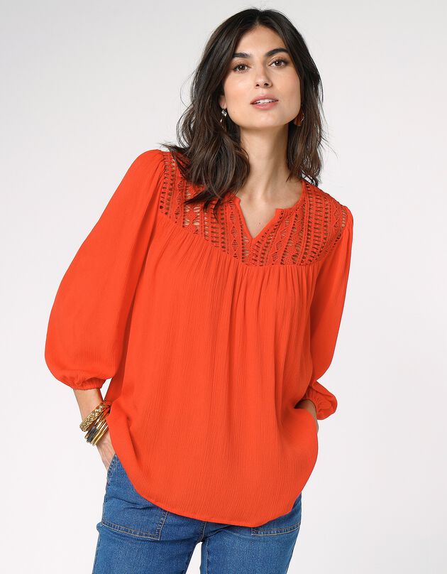 Blouse macramé manches 3/4 (mandarine)