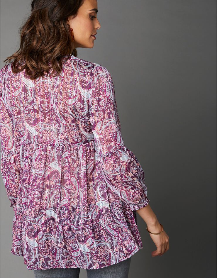 Blouse en voile de satin imprimé, rayures argentées, manches 3/4 (bordeaux) Blouse en voile de satin imprimé, rayures argentées, manches 3/4 (bordeaux)