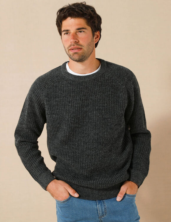 Pull col rond manches marteau c&ocirc;tes anglaises 30% laine (anthracite)