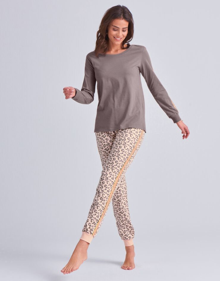 Pyjama à bandes irisées manches longues imprimé léopard (rose / taupe)