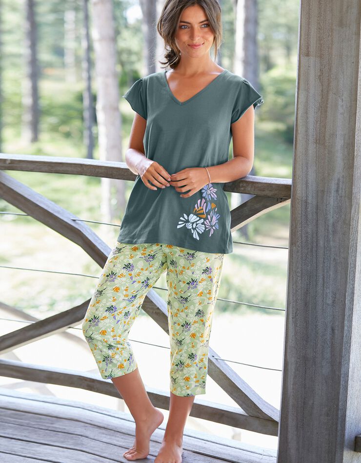 Tee-shirt pyjama manches courtes imprimé placé "pétales de fleurs" (vert sauge)