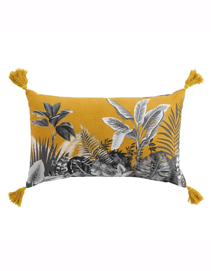 Coussin imprimé tropical pompons (jaune)