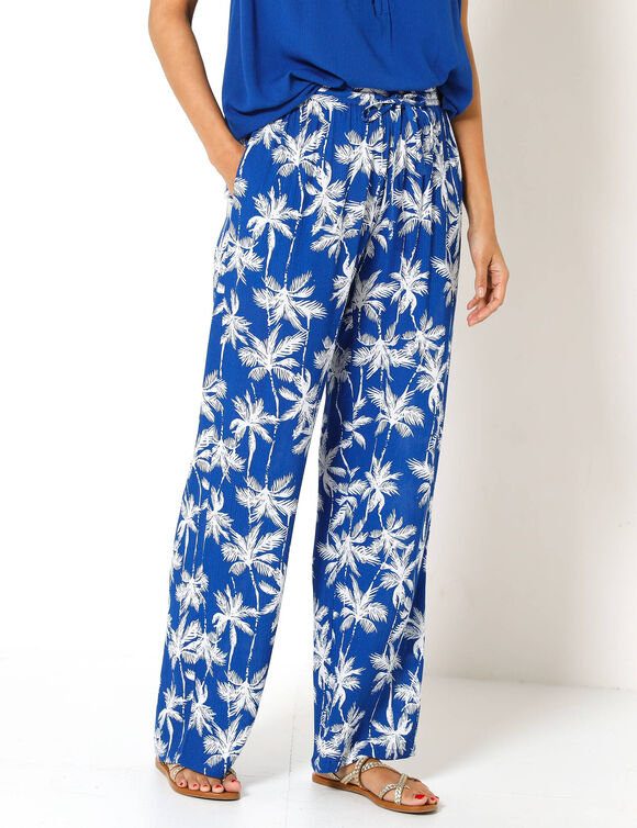 Pantalon large fluide, imprim&eacute; palmiers (bleu dur / blanc)