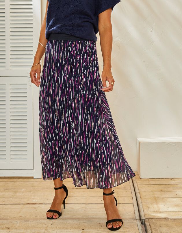 Jupe longue évasée imprimé ethnique, voile (marine / violine)