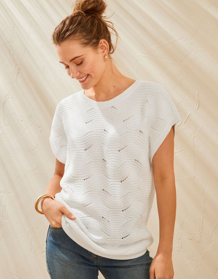 Pull manches courtes, maille fantaisie (blanc) Pull manches courtes, maille fantaisie (blanc)