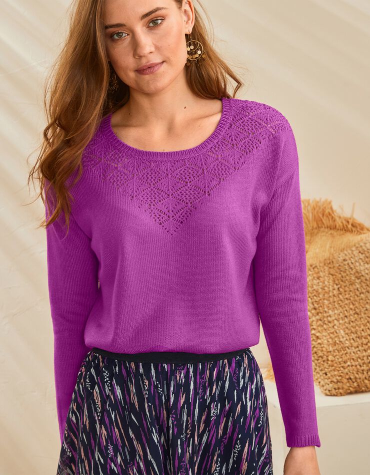 Pull col rond, maille ajourée toucher cachemire (violine) Pull col rond, maille ajourée toucher cachemire (violine)