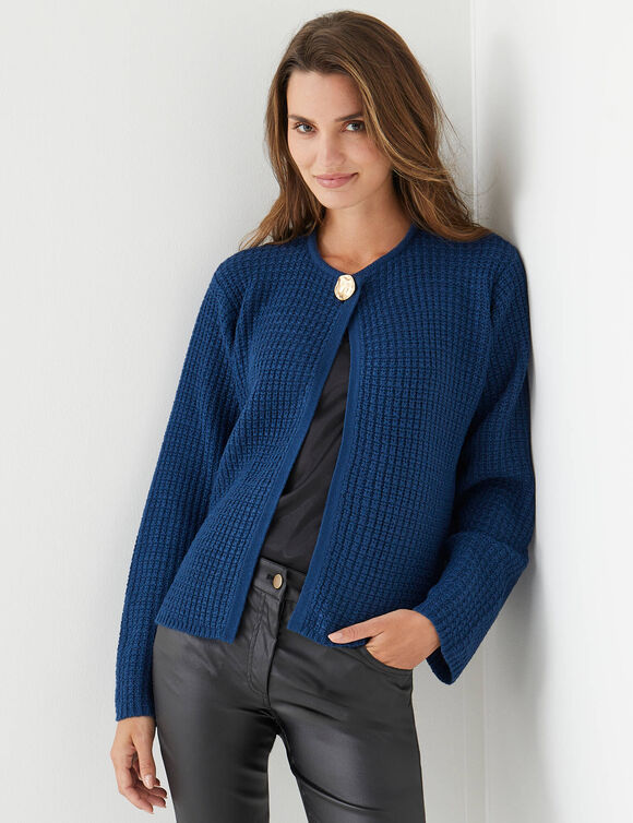 Gilet fa&ccedil;on veste, maille fantaisie (bleu nuit)