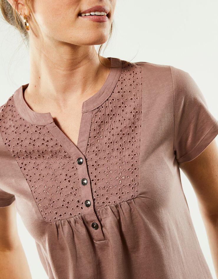 Tee-shirt boutonné broderie anglaise (taupe)