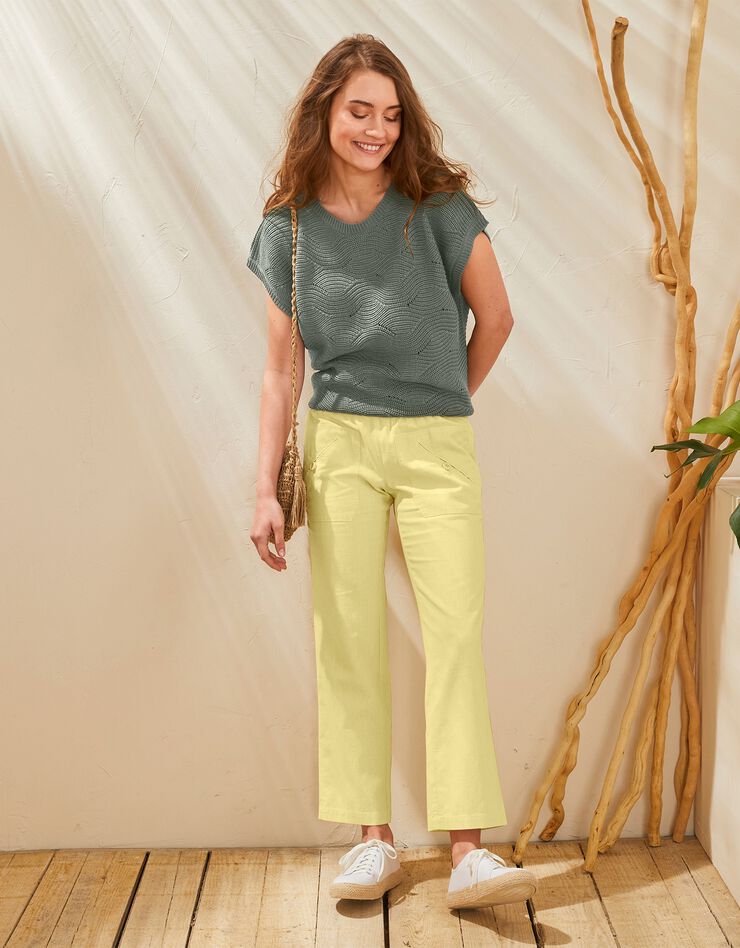 Pantalon coupe droite 7/8ème taille élastiquée, lin coton (anis) Pantalon coupe droite 7/8ème taille élastiquée, lin coton (anis)