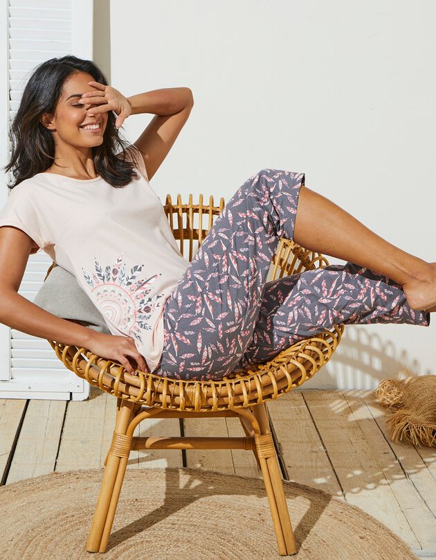 Pyjama pantacourt en jersey imprimé plumes avec pochon assorti (gris / rose)