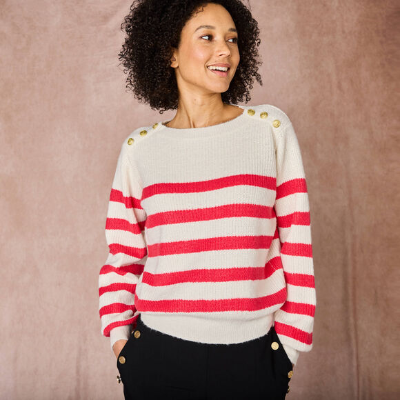 Pull ray&eacute; &agrave; boutons dor&eacute;s, maille anglaise (&eacute;cru / rose)