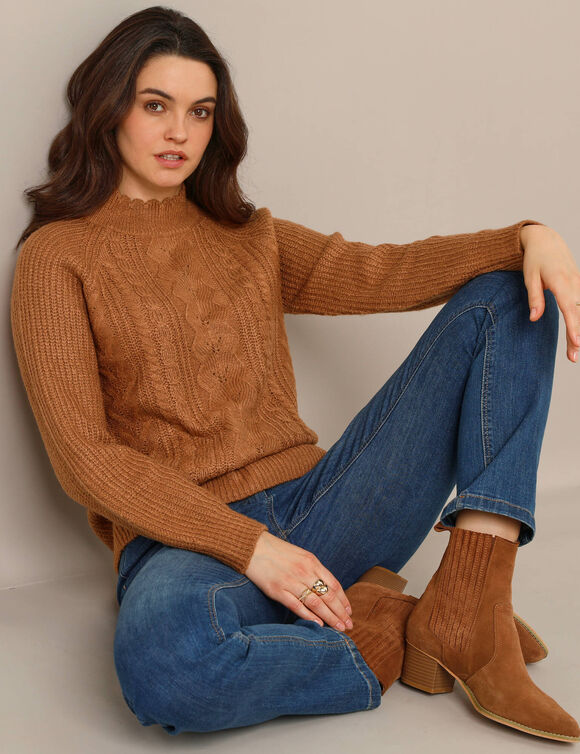 Pull col montant, maille anglaise toucher doux (noisette)