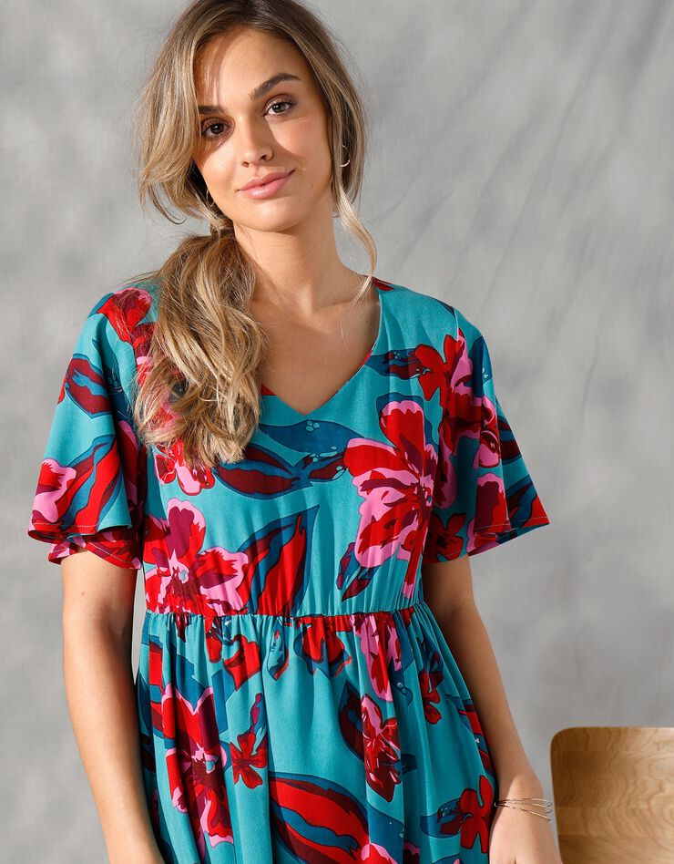 Robe longue manches "papillon" imprimée grandes fleurs (lagon / corail)